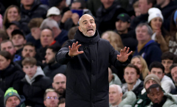 Enzo Maresca, Manager of Chelsea, reacts during the Premier League match between Chelsea and Everton at Stamford Bridge on December 13, 2025 in London, England.