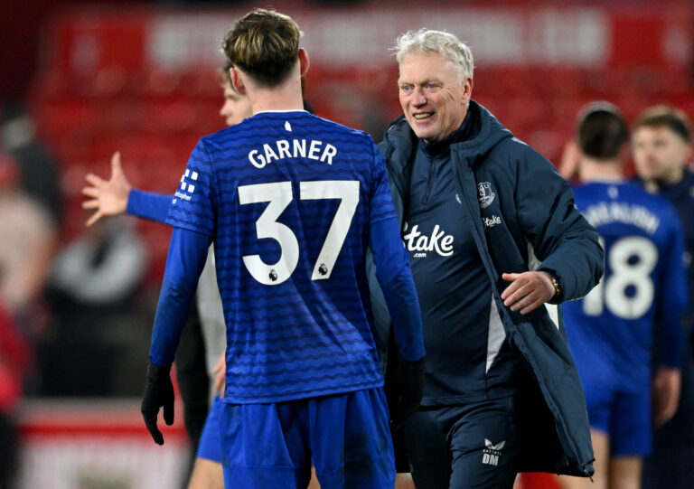 David Moyes embraces James Garner of Everton after the team's victory during the Premier League match between Nottingham Forest and Everton at City Ground on December 30, 2025 in Nottingham, England.