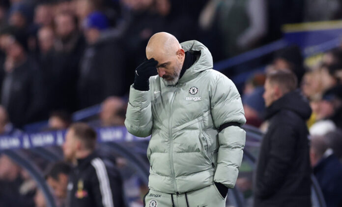 Enzo Maresca, Manager of Chelsea, reacts during the Premier League match between Leeds United and Chelsea at Elland Road on December 03, 2025 in Leeds, England.