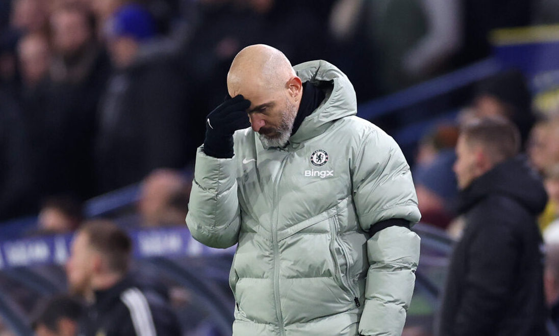 Enzo Maresca, Manager of Chelsea, reacts during the Premier League match between Leeds United and Chelsea at Elland Road on December 03, 2025 in Leeds, England.