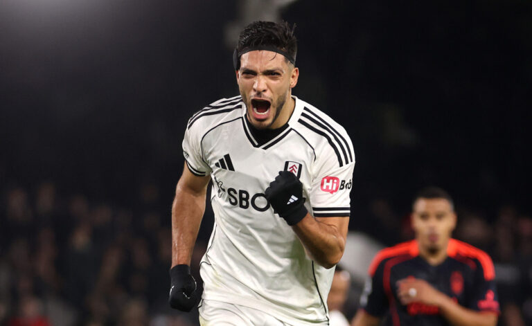 Raul Jimenez of Fulham celebrates scoring his team's first goal during the Premier League match between Fulham and Nottingham Forest at Craven Cottage on December 22, 2025 in London, England.