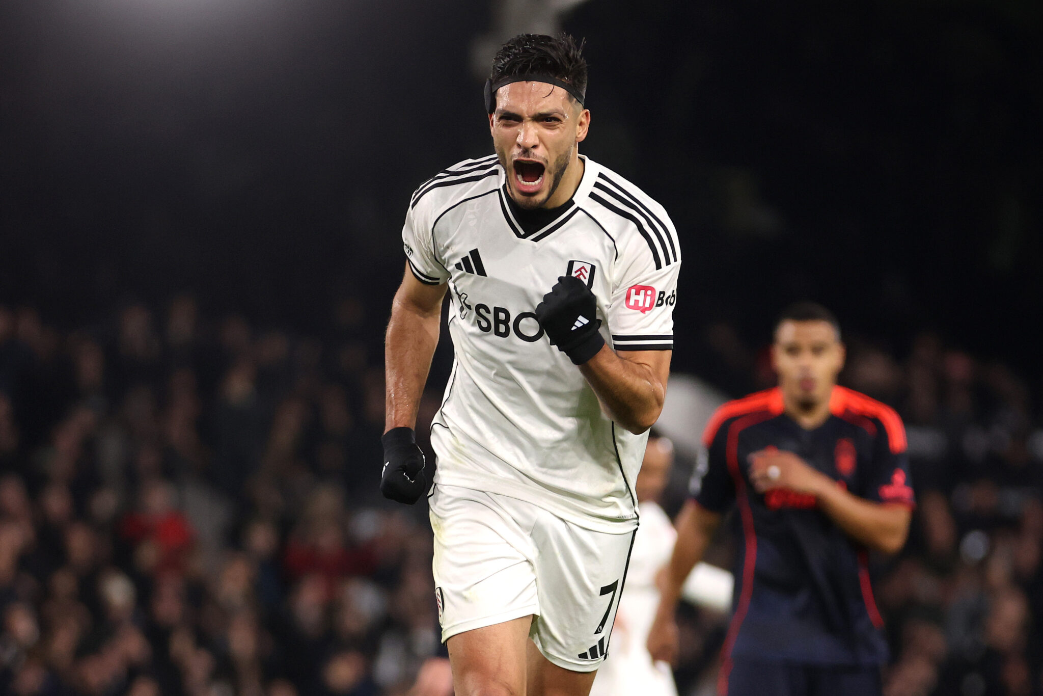 Raul Jimenez of Fulham celebrates scoring his team's first goal during the Premier League match between Fulham and Nottingham Forest at Craven Cottage on December 22, 2025 in London, England.