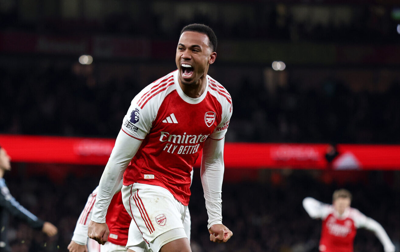 Gabriel Magalhaes of Arsenal celebrates scoring his team's first goal during the Premier League match between Arsenal and Aston Villa at Emirates Stadium on December 30, 2025 in London, England.