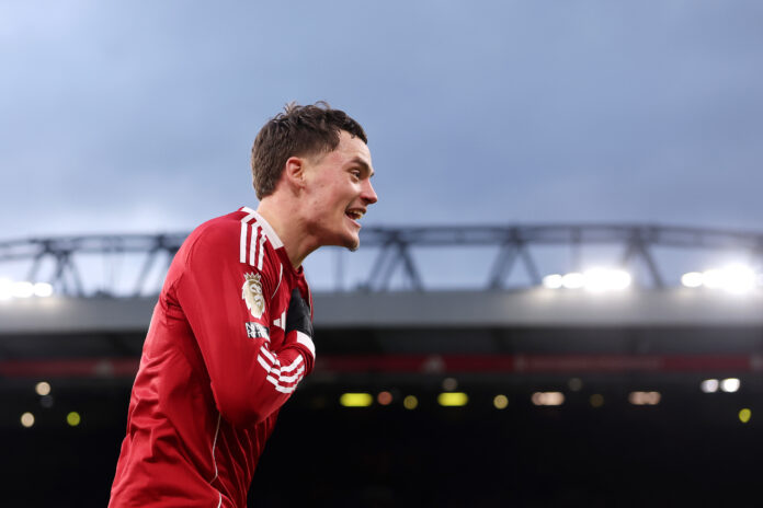 Florian Wirtz of Liverpool celebrates scoring his team's second goal during the Premier League match between Liverpool and Wolverhampton Wanderers at Anfield on December 27, 2025 in Liverpool, England.
