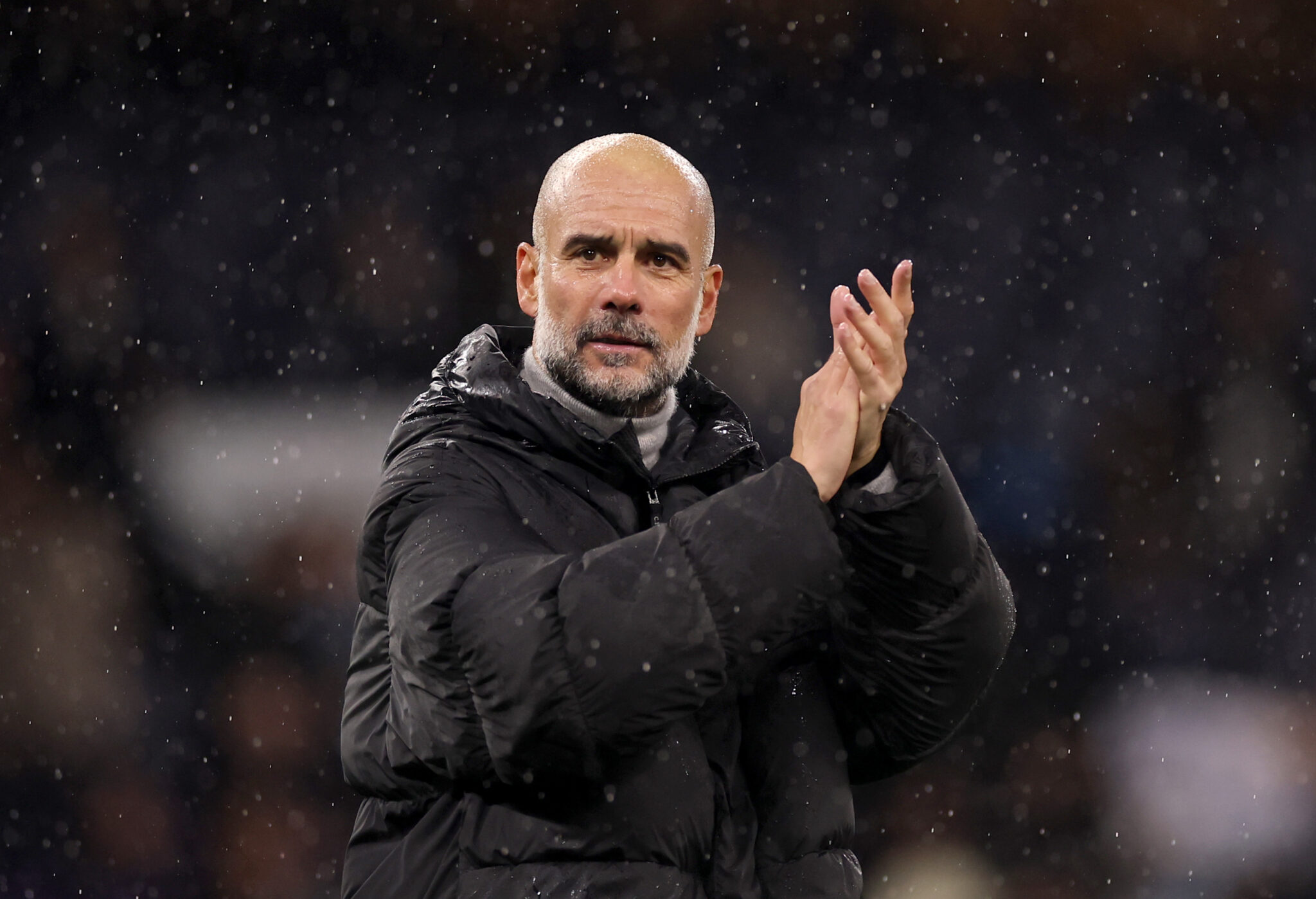 Pep Guardiola, Manager of Man City, applauds the crowd following the Carabao Cup Quarter Final match between Manchester City and Brentford at Etihad Stadium on December 17, 2025 in Manchester, England.