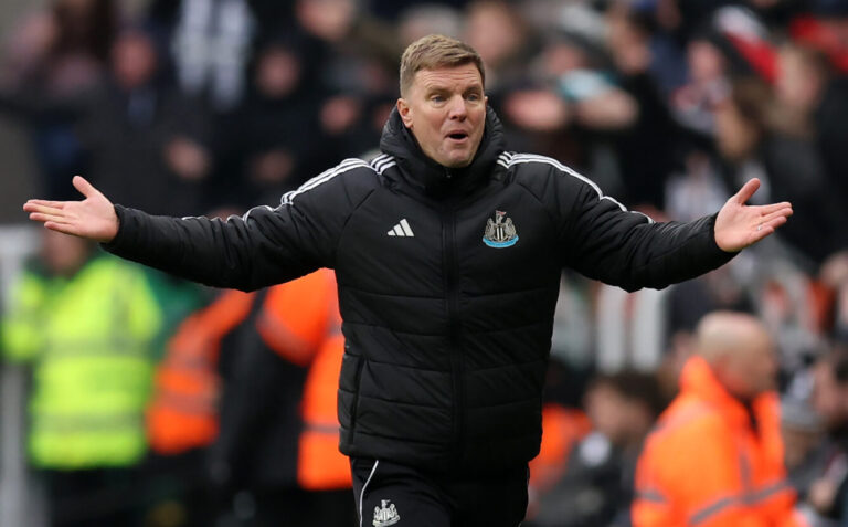 Newcastle United manager Eddie Howe reacts during the Premier League match between Newcastle United and Chelsea at St James' Park on December 20, 2025 in Newcastle upon Tyne, England.
