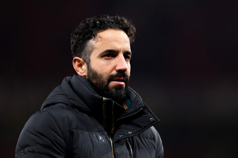 Ruben Amorim, Manager of Manchester United, looks on after the draw in the Premier League match between Manchester United and West Ham United at Old Trafford on December 04, 2025 in Manchester, England.