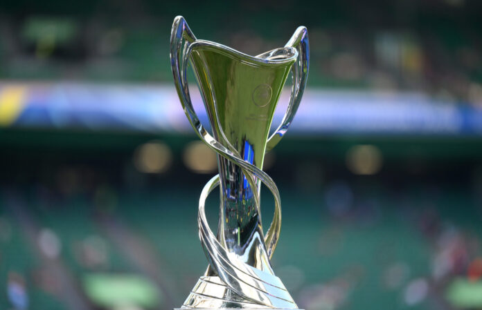 A detailed view of the UEFA Women's Champions League trophy on the pitch prior to the UEFA Women's Champions League final match between Arsenal WFC and FC Barcelona at Estadio Jose Alvalade on May 24, 2025 in Lisbon, Portugal.
