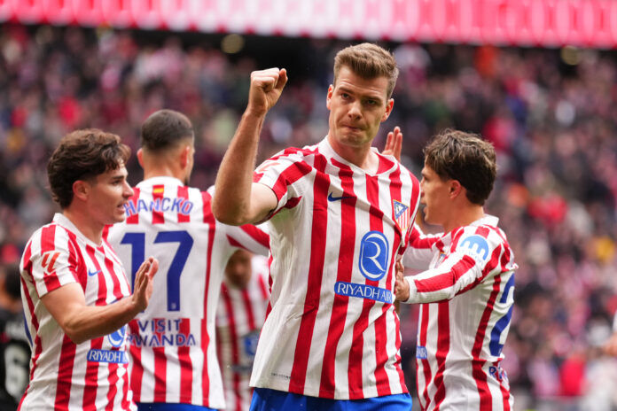 Atletico Madrid striker Alexander Sorloth celebrates a goal.