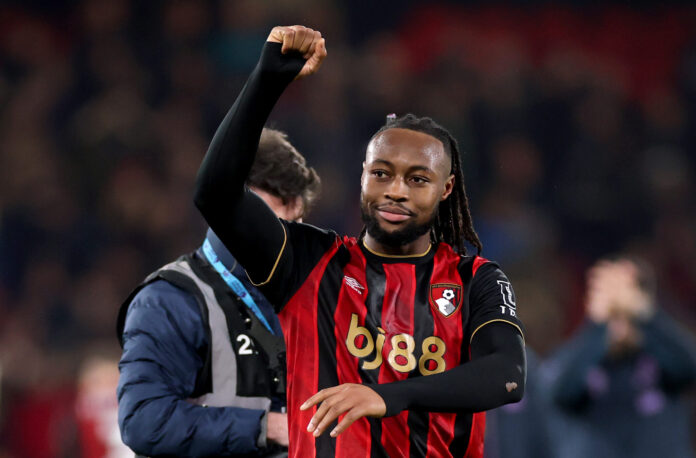 Antoine Semenyo of AFC Bournemouth acknowledges the fans after the Premier League match between Bournemouth and Tottenham Hotspur at Vitality Stadium on January 07, 2026 in Bournemouth, England.