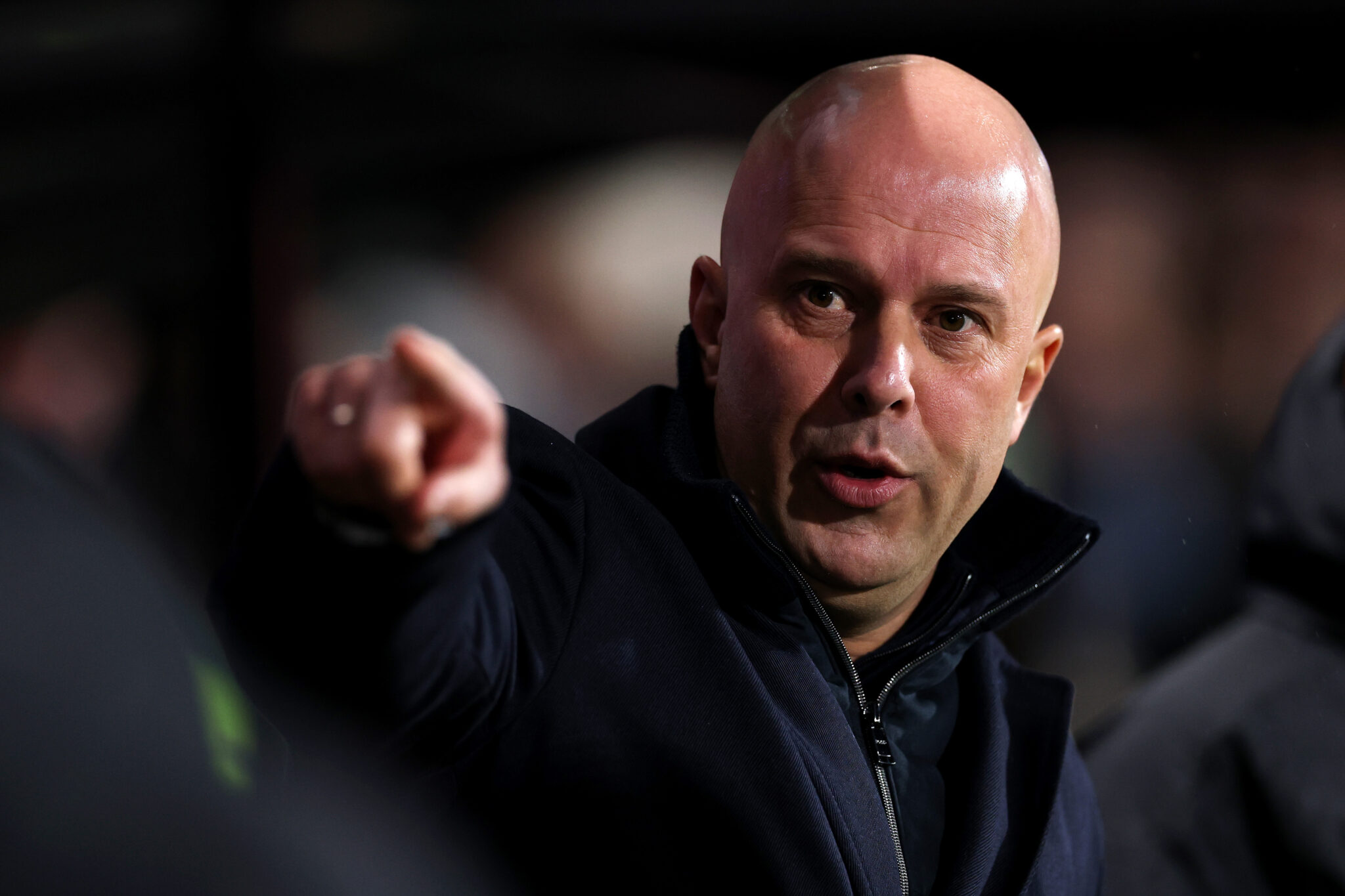 Arne Slot, Manager of Liverpool, points prior to the Premier League match between Bournemouth and Liverpool at Vitality Stadium on January 24, 2026 in Bournemouth, England.