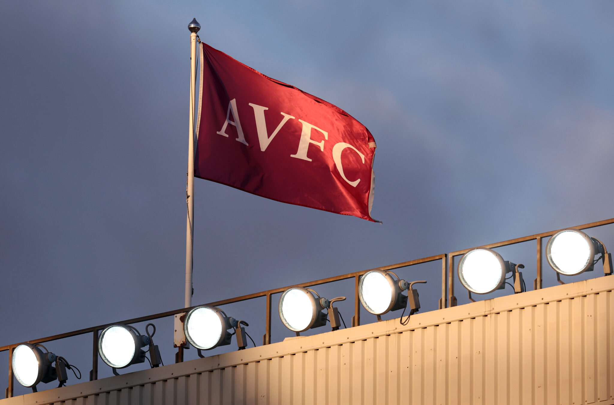 An Aston Villa flag flies on the stand during the Premier League match between Aston Villa and Brighton & Hove Albion at Villa Park on November 20, 2021 in Birmingham, England.