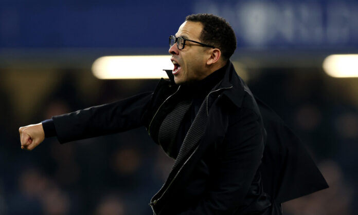 Liam Rosenior, Manager of Chelsea, celebrates following the team's victory during the Premier League match between Chelsea and West Ham United at Stamford Bridge on January 31, 2026 in London, England.