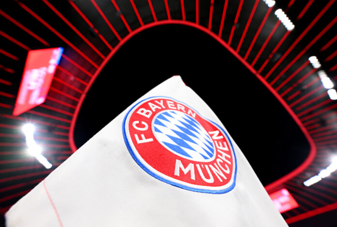 General view inside the stadium, as the Bayern Munich crest can be seen on a corner flag prior to the UEFA Champions League 2024/25 League Knockout Play-off second leg match between FC Bayern München and Celtic FC at Allianz Arena on February 18, 2025 in Munich, Germany.