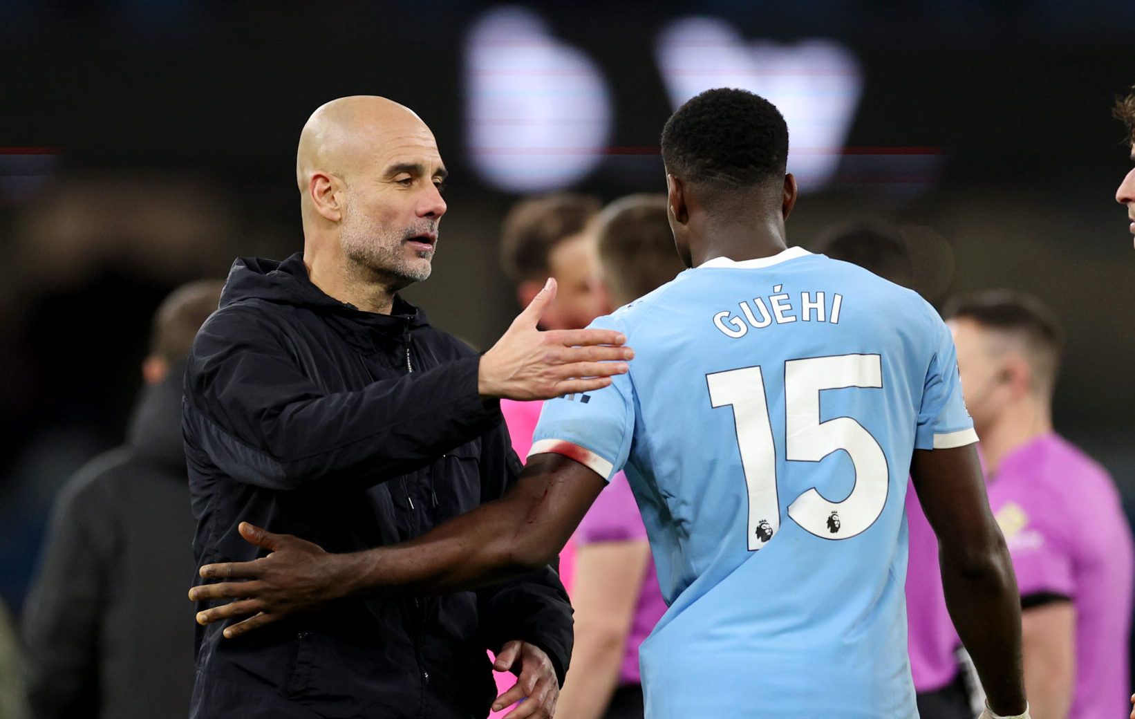 Pep Guardiola, Manager of Man City, acknowledges Marc Guehi after the Premier League match between Manchester City and Wolverhampton Wanderers at Etihad Stadium on January 24, 2026 in Manchester, England.