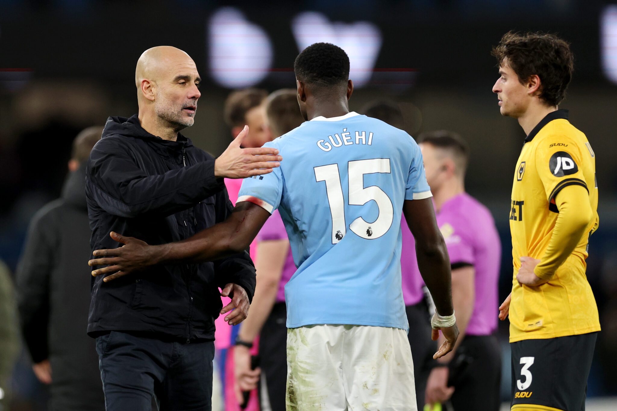 Pep Guardiola, Manager of Man City, acknowledges Marc Guehi after the Premier League match between Manchester City and Wolverhampton Wanderers at Etihad Stadium on January 24, 2026 in Manchester, England.