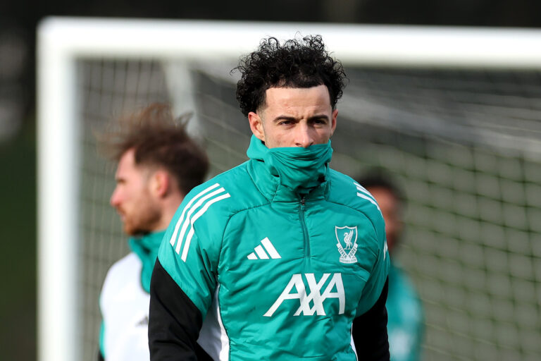 Curtis Jones of Liverpool looks on during a Liverpool FC Training Session at AXA Training Centre on January 20, 2026 in Kirkby, England.