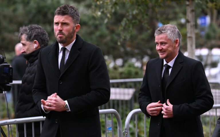 Former Man Utd players MIchael Carrick and Ole Gunnar Solskjaer attend the funeral of Sir Bobby Charlton at Manchester Cathedral on November 13, 2023 in Manchester, England. Sir Robert Charlton, born 11th October 1937 in Ashington, Northumberland, is considered to be one of the greatest footballers of all time. He played most of his career football for Manchester United as a midfielder/centre-forward, after surviving the Munich air crash that killed 23 people including eight of his teammates. He was a member of England's winning 1966 FIFA World Cup team also winning the Ballon D'Or the same year. Sir Bobby died on October 21, aged 86.