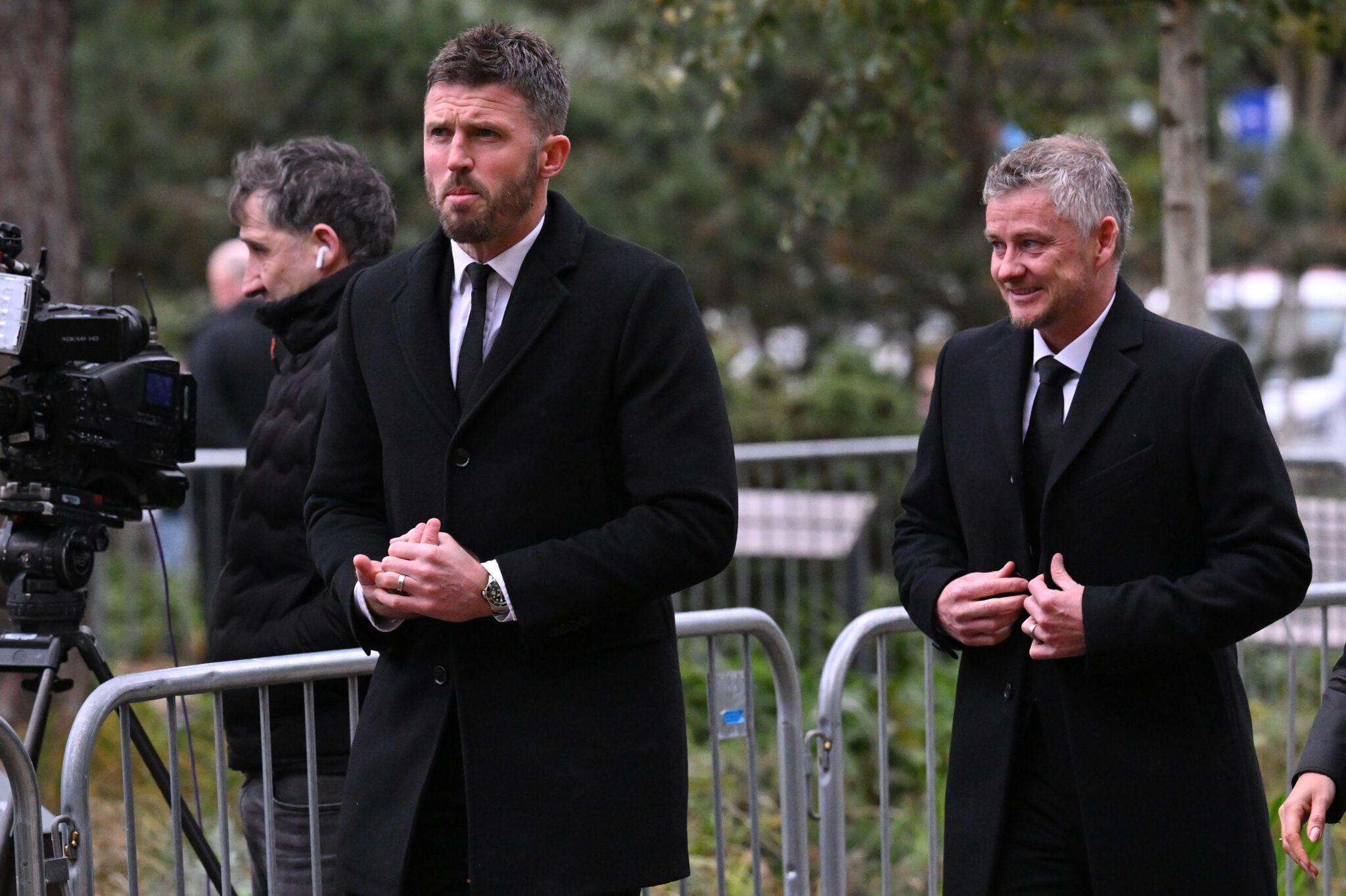 Former Man Utd players MIchael Carrick and Ole Gunnar Solskjaer attend the funeral of Sir Bobby Charlton at Manchester Cathedral on November 13, 2023 in Manchester, England. Sir Robert Charlton, born 11th October 1937 in Ashington, Northumberland, is considered to be one of the greatest footballers of all time. He played most of his career football for Manchester United as a midfielder/centre-forward, after surviving the Munich air crash that killed 23 people including eight of his teammates. He was a member of England's winning 1966 FIFA World Cup team also winning the Ballon D'Or the same year. Sir Bobby died on October 21, aged 86.