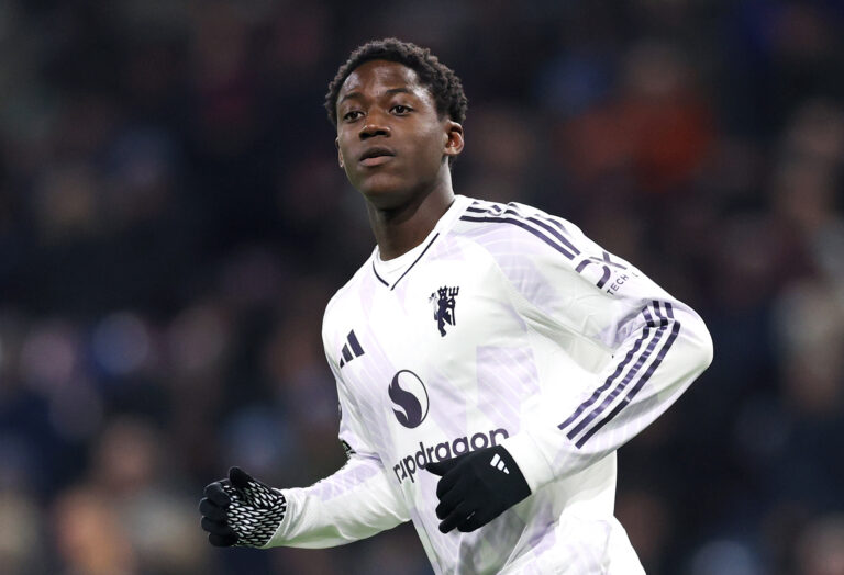 Kobbie Mainoo of Man Utd looks on during the Premier League match between Burnley and Manchester United at Turf Moor on January 07, 2026 in Burnley, England.