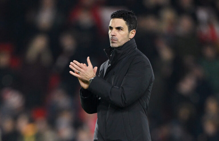 Mikel Arteta, Manager of Arsenal, applauds the fans after the Premier League match between Nottingham Forest and Arsenal at City Ground on January 17, 2026 in Nottingham, England.