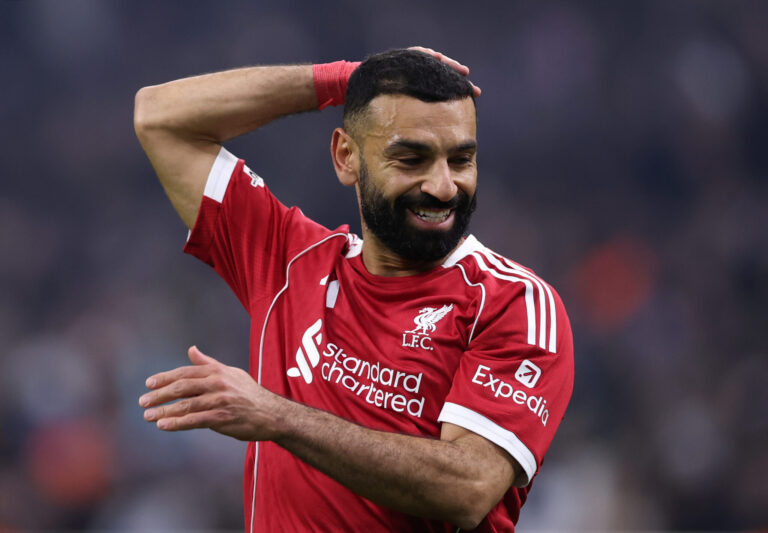 Mo Salah of Liverpool reacts after a missed chance during the UEFA Champions League 2025/26 League Phase MD7 match between Olympique de Marseille and Liverpool FC at Stade de Marseille on January 21, 2026 in Marseille, France.