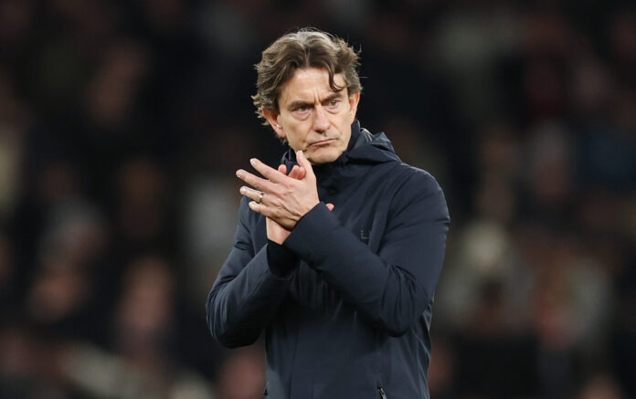Spurs manager Thomas Frank applauds the fans after defeat in the Premier League match between Tottenham Hotspur and West Ham United at Tottenham Hotspur Stadium on January 17, 2026 in London, England.