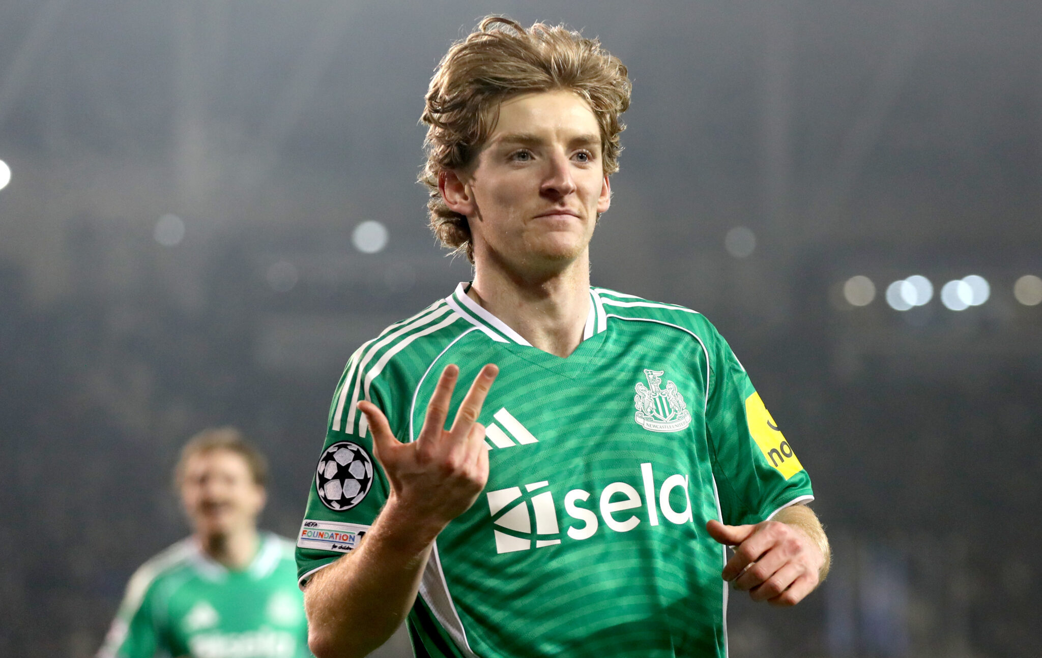 Anthony Gordon of Newcastle United celebrates scoring his team's third goal from the penalty spot during the UEFA Champions League 2025/26 League Knockout Play-off First Leg match between Qarabag FK and Newcastle United FC at Tofiq Bahramov Stadium on February 18, 2026 in Baku, Azerbaijan.