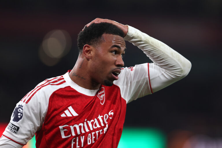 Gabriel of Arsenal reacts during the Premier League match between Arsenal and Manchester United at Emirates Stadium on January 25, 2026 in London, England.
