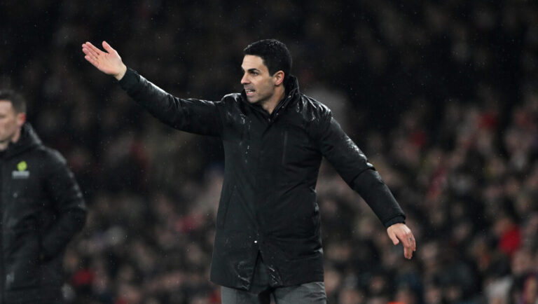 Mikel Arteta, Manager of Arsenal, reacts during the Carabao Cup Semi Final Second Leg match between Arsenal and Chelsea at Emirates Stadium on February 03, 2026 in London, England.