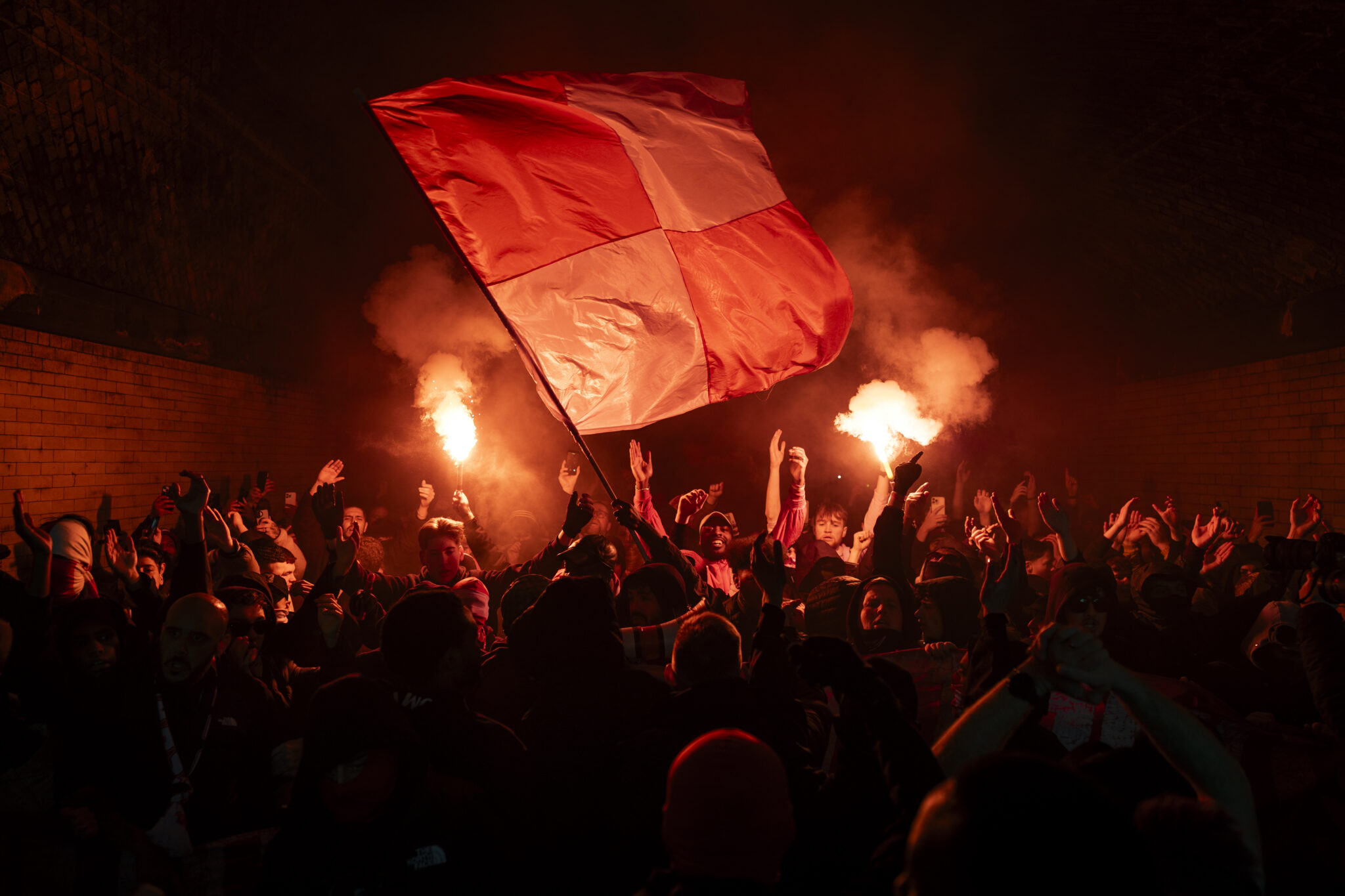 Arsenal fans set outside the stadium ahead of the Premier League match between Arsenal and Spurs at Emirates Stadium on November 23, 2025 in London, England.