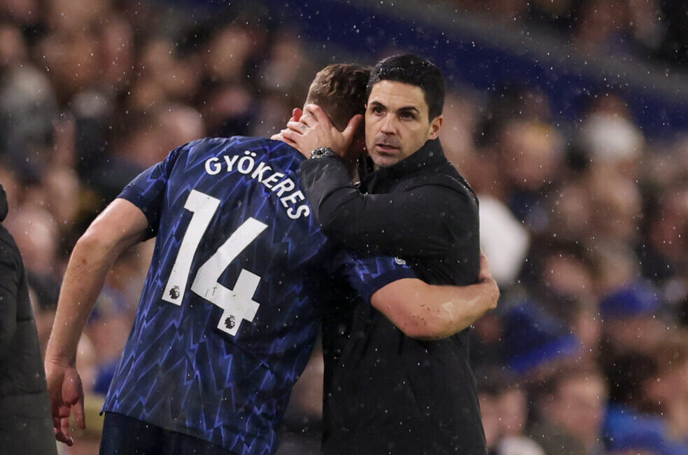 Viktor Gyokeres of Arsenal embraces with Mikel Arteta, Manager of Arsenal, as he is substituted off during the Premier League match between Leeds United and Arsenal at Elland Road on January 31, 2026 in Leeds, England.