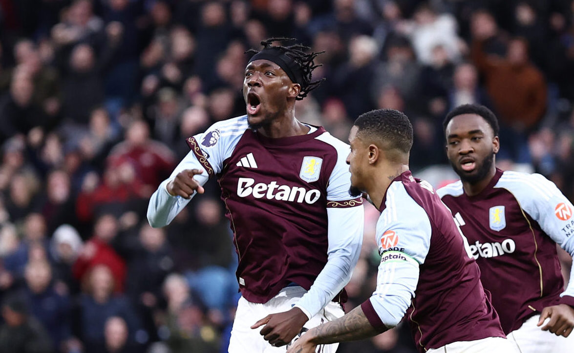 Tammy Abraham of Aston Villa celebrates scoring his team's first goal during the Premier League match between Aston Villa and Leeds United at Villa Park on February 21, 2026 in Birmingham, England.