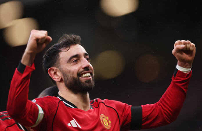 Bruno Fernandes of Man Utd celebrates scoring his team's second goal during the Premier League match between Manchester United and Tottenham Hotspur at Old Trafford on February 07, 2026 in Manchester, England.