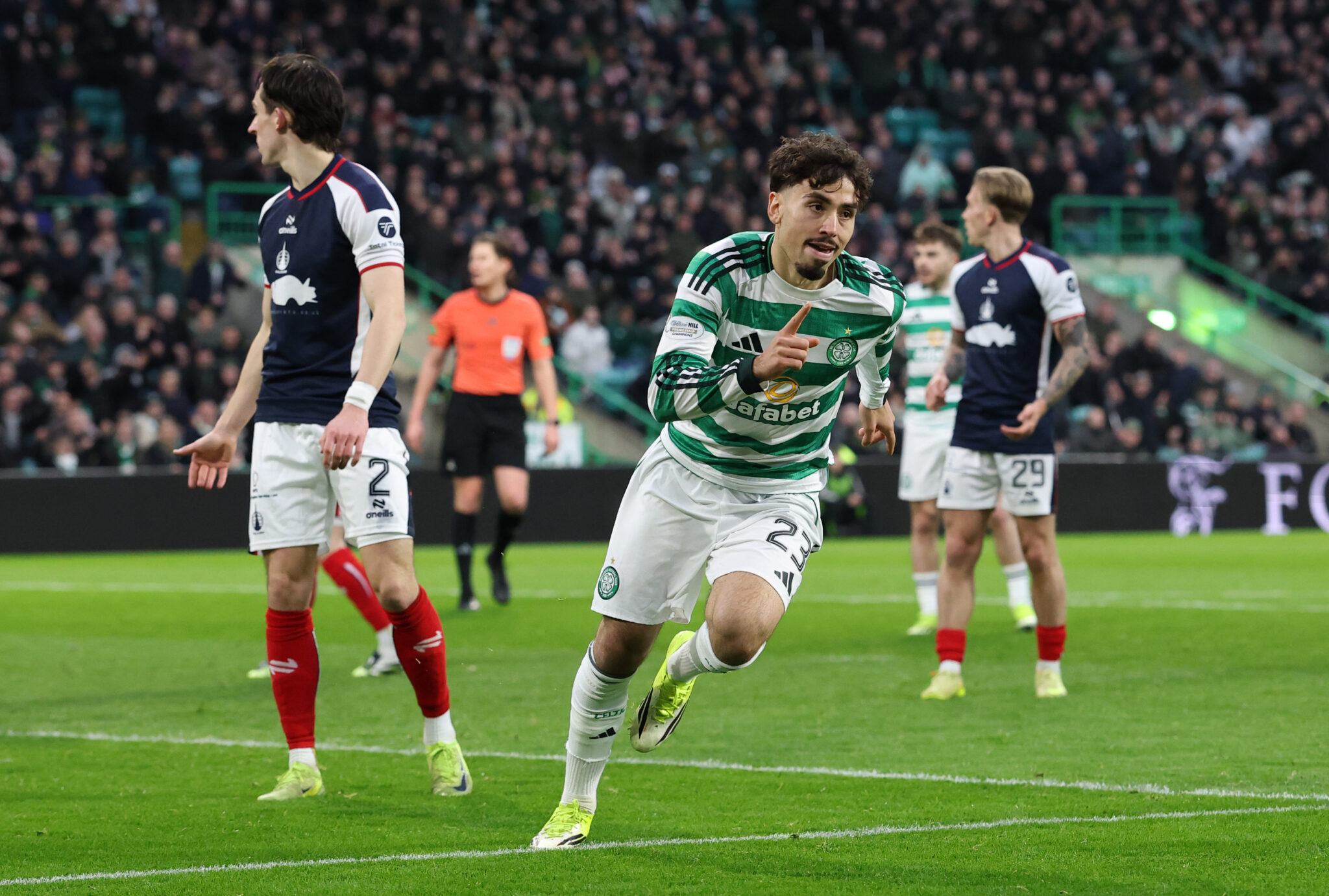 Sebastian Tounekti of Celtic celebrates befor VAR rules his goal out during the William Hill Premiership match between Celtic and Falkirk at Celtic Park on February 01, 2026 in Glasgow, Scotland.