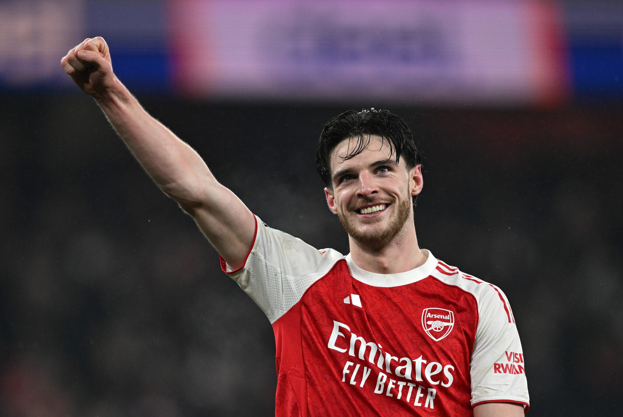 Declan Rice of Arsenal celebrates after teammate Kai Havertz (not pictured) scored the team's first goal during the Carabao Cup Semi Final Second Leg match between Arsenal and Chelsea at Emirates Stadium on February 03, 2026 in London, England.