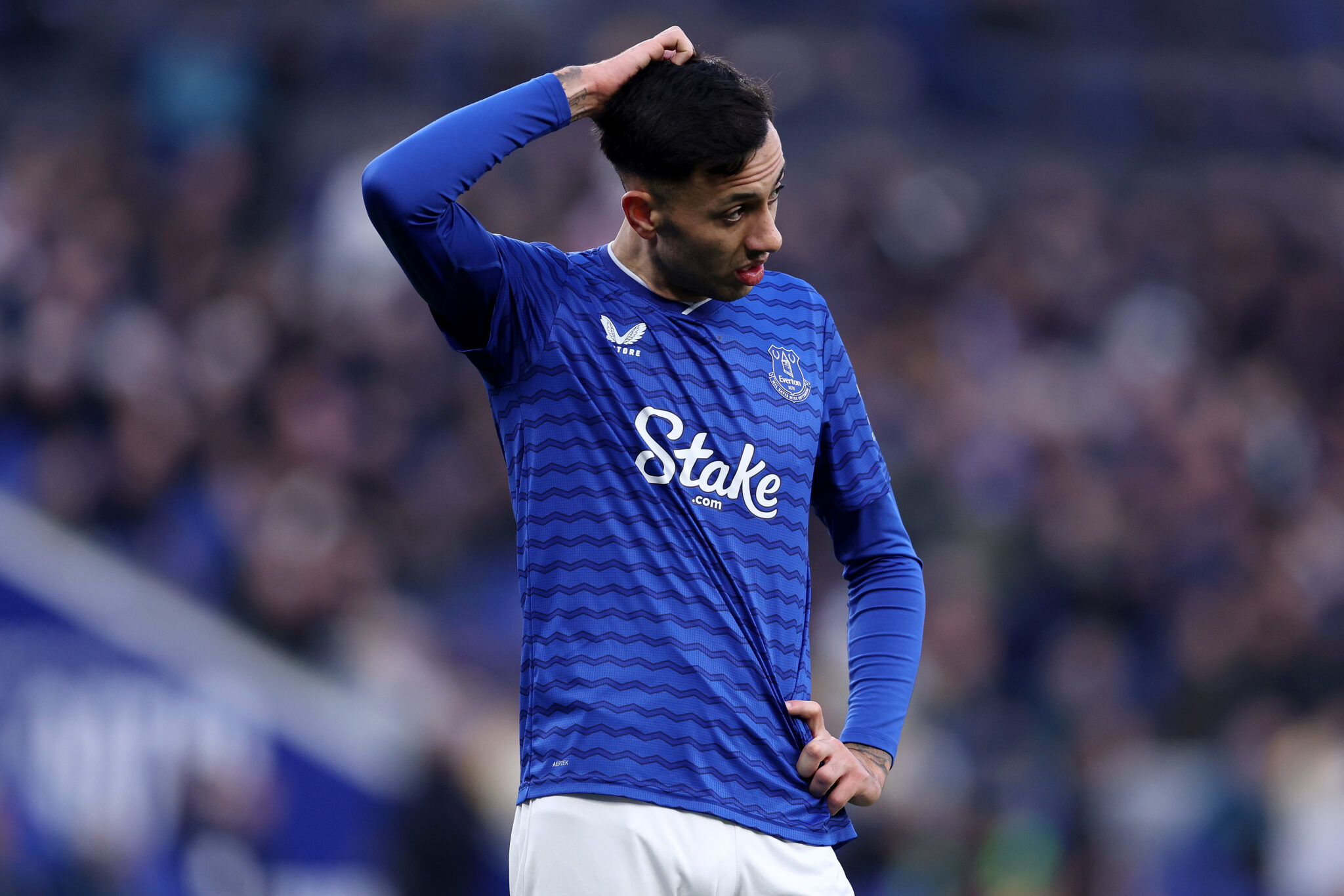 Dwight McNeil of Everton reacts during the Premier League match between Everton and Brentford at Hill Dickinson Stadium on January 04, 2026 in Liverpool, England.