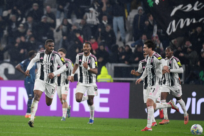 Kalulu of Juventus celebrates a second goal during the Serie A match between Juventus FC and SS Lazio at the Juventus stadium on February 08, 2026 in Turin, Italy.