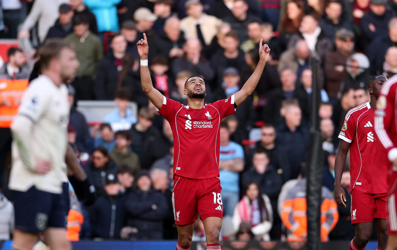 Cody Gakpo of Liverpool celebrates scoring his team's fourth goal during the Premier League match between Liverpool and West Ham United at Anfield on February 28, 2026 in Liverpool, England.