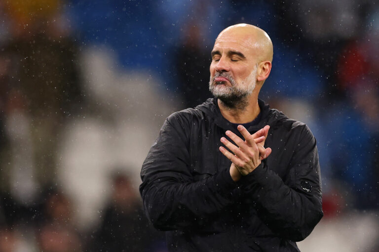 Pep Guardiola, Manager of Man City, applauds the fans after the team's victory in the Premier League match between Manchester City and Newcastle United at Etihad Stadium on February 21, 2026 in Manchester, England.