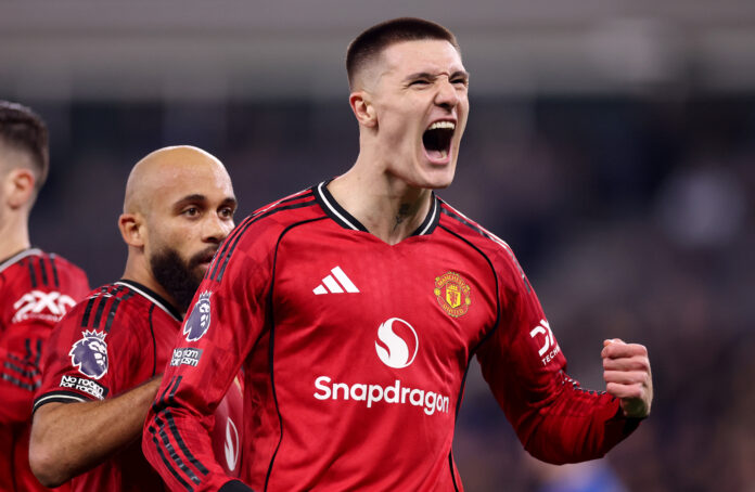 Benjamin Sesko of Man Utd celebrates scoring his team's first goal during the Premier League match between Everton and Manchester United at the Hill Dickinson Stadium on February 23, 2026 in Liverpool, England.
