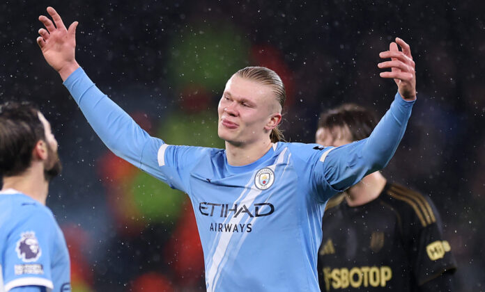 Erling Haaland of Man City reacts during the Premier League match between Manchester City and Fulham at Etihad Stadium on February 11, 2026 in Manchester, England.