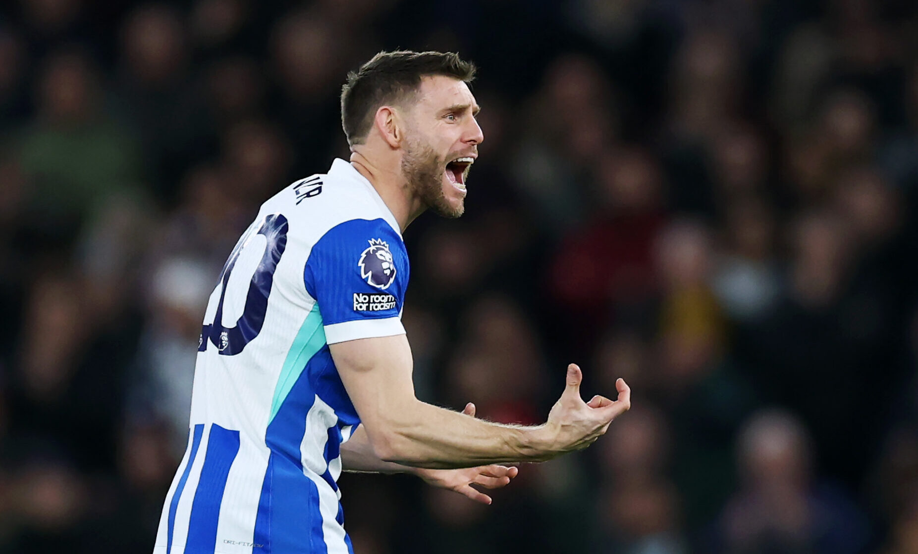 James Milner of Brighton & Hove Albion reacts during the Premier League match between Aston Villa and Brighton & Hove Albion at Villa Park on February 11, 2026 in Birmingham, England.