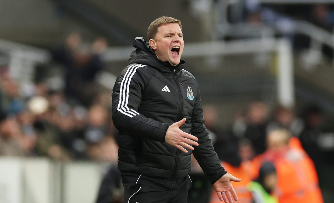 Eddie Howe, Manager of Newcastle United, reacts on the sidelines during the Premier League match between Newcastle United and Brentford at St James' Park on February 07, 2026 in Newcastle upon Tyne, England.