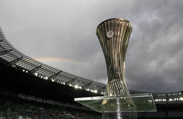 A view of the UEFA Conference League trophy on a plinth beside the pitch ahead of the UEFA Conference League Final 2025 between Real Betis Balompie and Chelsea FC at Stadion Wroclaw on May 28, 2025 in Wroclaw, Poland.