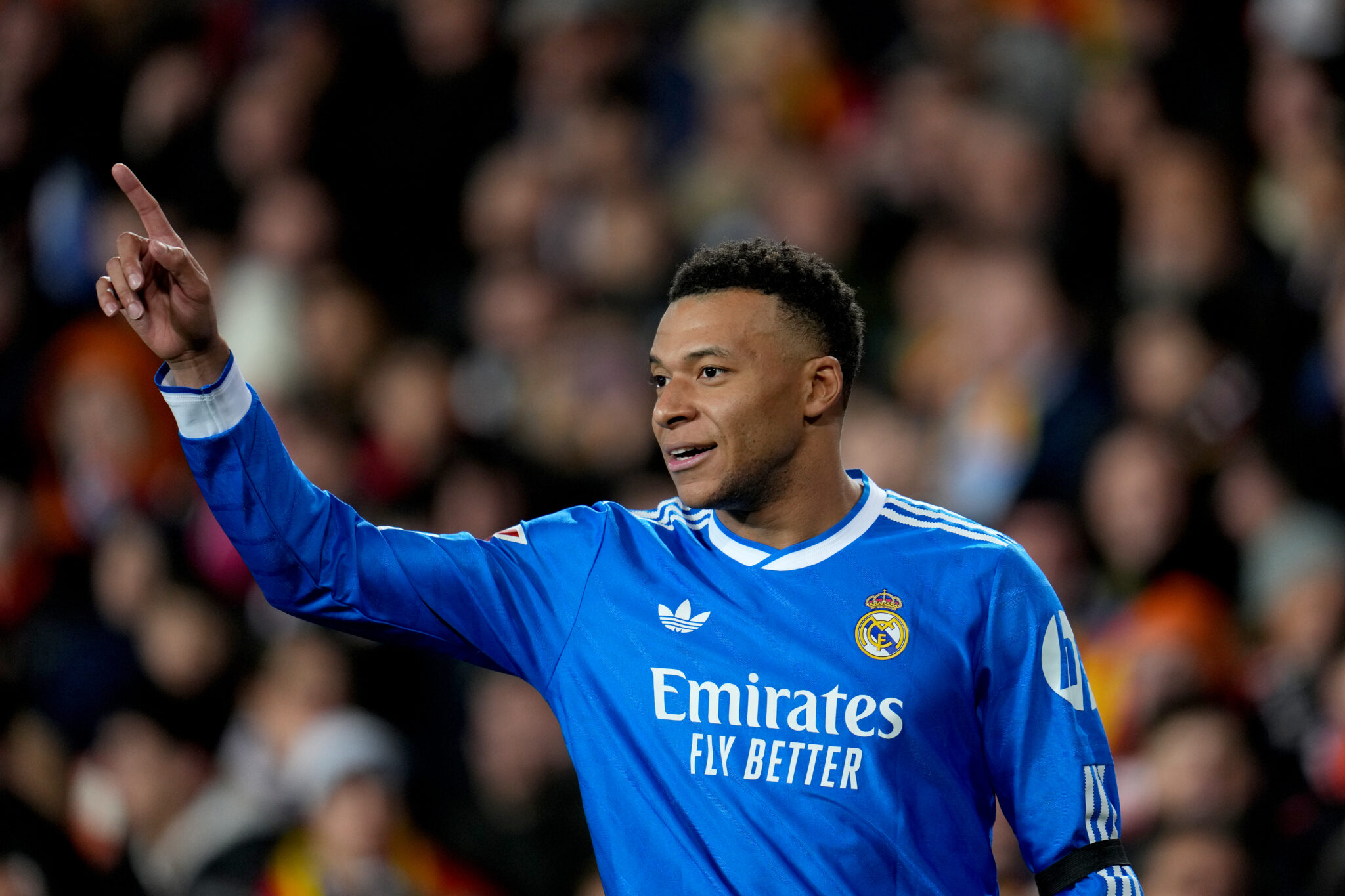 Kylian Mbappe of Real Madrid looks on during the LaLiga EA Sports match between Valencia CF and Real Madrid CF at Estadi de Mestalla on February 08, 2026 in Valencia, Spain.