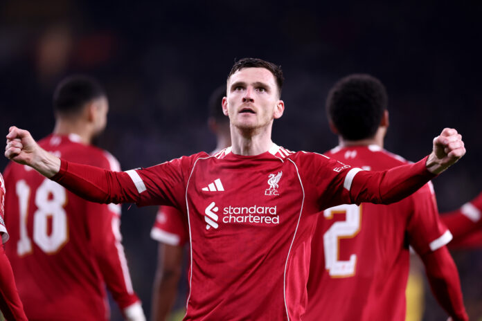 Andy Robertson of Liverpool celebrates scoring his team's first goal during the Emirates FA Cup Fifth Round match between Wolves and Liverpool on March 06, 2026 in Wolverhampton, England.