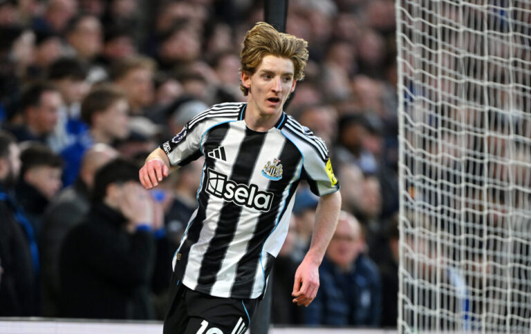 Anthony Gordon of Newcastle United celebrates scoring his team's first goal during the Premier League match between Chelsea and Newcastle United at Stamford Bridge on March 14, 2026 in London, England.