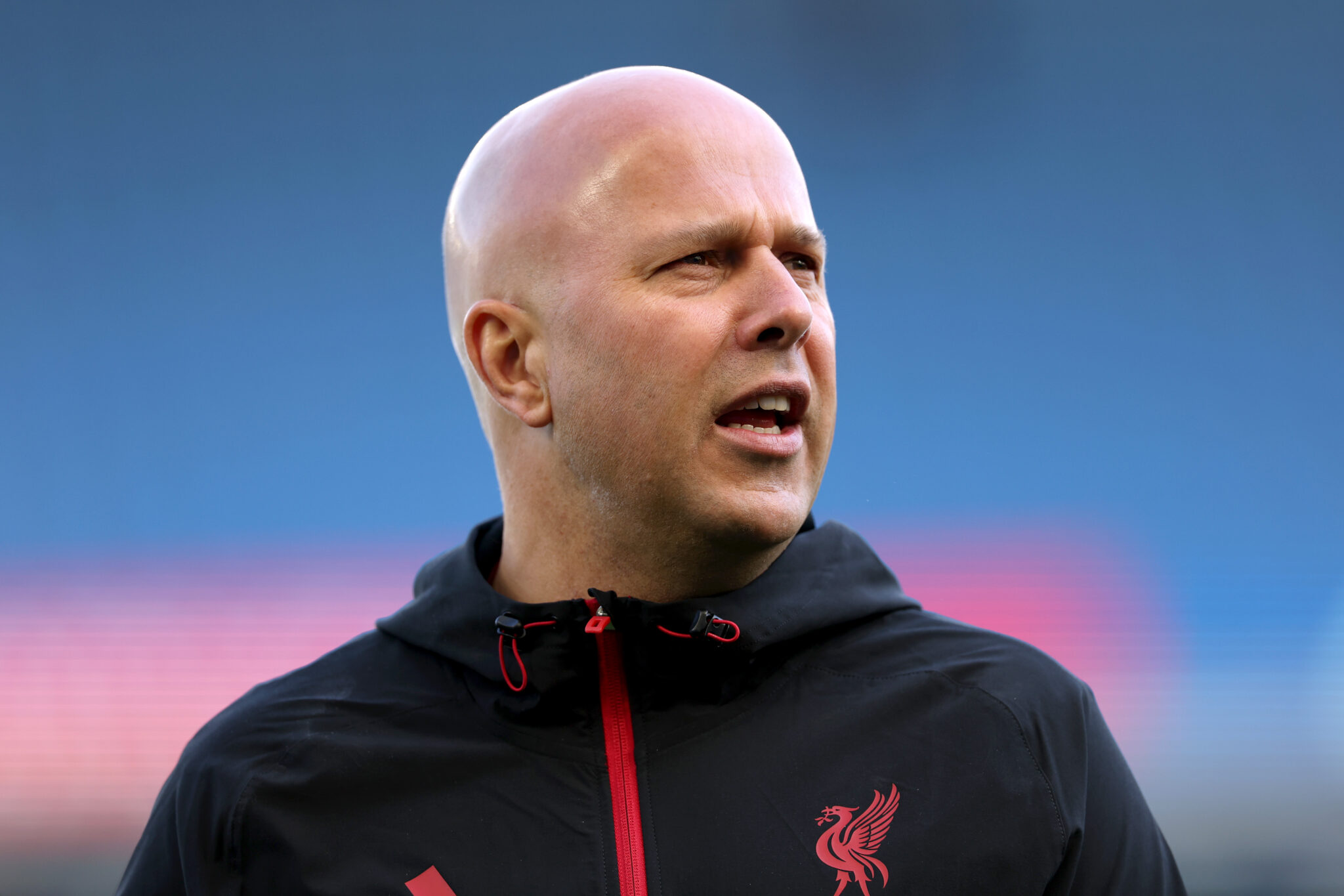 Arne Slot, Manager of Liverpool, looks on prior to the Premier League match between Brighton & Hove Albion and Liverpool at Amex Stadium on March 21, 2026 in Brighton, England.