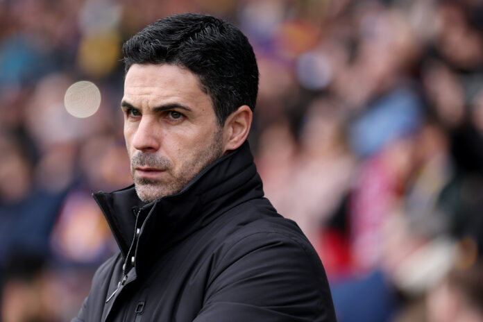 Mikel Arteta, Manager of Arsenal, looks on prior to the Emirates FA Cup Fifth Round match between Mansfield Town and Arsenal at One Call Stadium on March 07, 2026 in Mansfield, England.